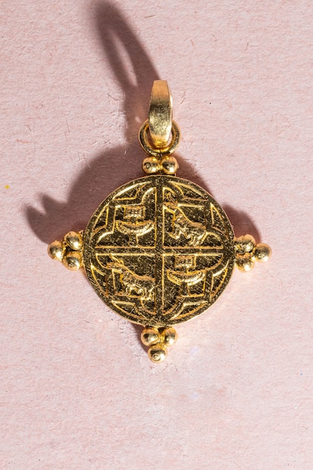 Shop MAALICIOUS JEWELRY Gold Plated Mohenjodaro Coin Pendant at Aza Fashions Shop_MAALICIOUS JEWELRY_Gold Plated Mohenjodaro Coin Pendant _at_Aza_Fashions