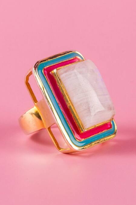 MAALICIOUS JEWELRY_White Embroidery Moonstone Embellished Enamelled Ring_Online_at_Aza_Fashions