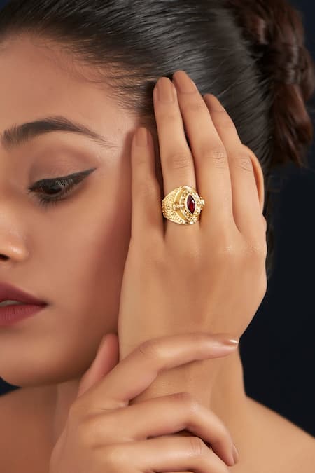 MAALICIOUS JEWELRY Gold Plated Gota Patti, Stones Openable Carved Poison Ring