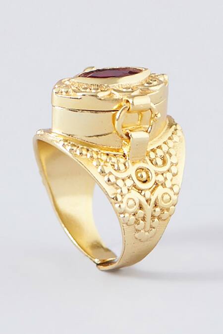 Shop MAALICIOUS JEWELRY Gold Plated Gota Patti, Stones Openable Carved Poison Ring Online at Aza Fashions Shop_MAALICIOUS JEWELRY_Gold Plated Gota Patti, Stones Openable Carved Poison Ring _Online_at_Aza_Fashions