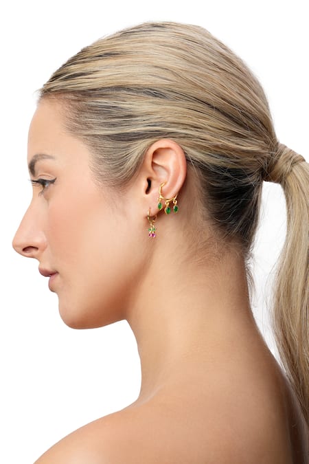 MAALICIOUS JEWELRY_Green Stones Bhindi Twisted Vine Leaflet Ear Cuffs _Online_at_Aza_Fashions