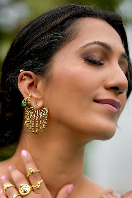 Buy_MAALICIOUS JEWELRY_Green Stones Bhindi Twisted Vine Leaflet Ear Cuffs _Online_at_Aza_Fashions