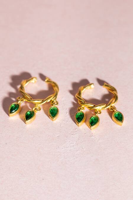 Shop_MAALICIOUS JEWELRY_Green Stones Bhindi Twisted Vine Leaflet Ear Cuffs _Online_at_Aza_Fashions