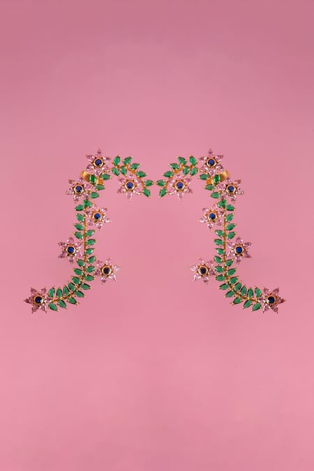MAALICIOUS JEWELRY_Green Zari Floret Creeper Embellished Ear Cuffs _Online_at_Aza_Fashions