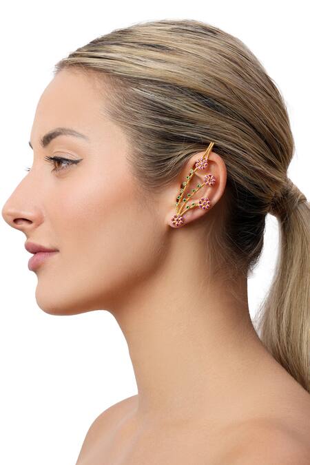 MAALICIOUS JEWELRY_Gold Plated Zari Lotus Zirconia Embellished Ear Cuffs _Online_at_Aza_Fashions