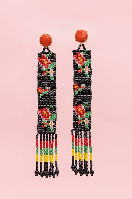 Shop MAALICIOUS JEWELRY Black Pearls, Beads Flower Embellished Earrings at Aza Fashions Shop_MAALICIOUS JEWELRY_Black Pearls, Beads Flower Embellished Earrings _at_Aza_Fashions