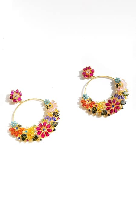 Shop MAALICIOUS JEWELRY Multi Color Zari, Crystals Picnic Basket Embellished Hoops at Aza Fashions Shop_MAALICIOUS JEWELRY_Multi Color Zari, Crystals Picnic Basket Embellished Hoops_at_Aza_Fashions