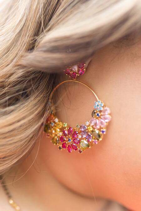 MAALICIOUS JEWELRY Multi Color Zari, Crystals Picnic Basket Embellished Hoops Online at Aza Fashions MAALICIOUS JEWELRY_Multi Color Zari, Crystals Picnic Basket Embellished Hoops_Online_at_Aza_Fashions