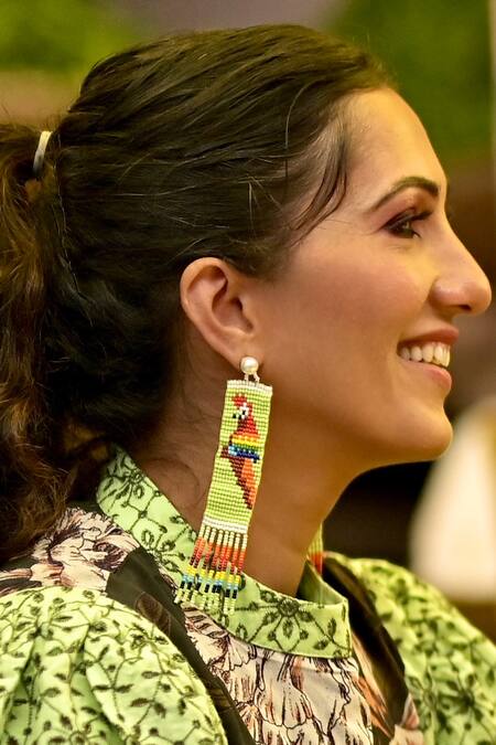 MAALICIOUS JEWELRY_Green Pearls, Beads Tall Parrot Embellished Dangler Earrings _Online_at_Aza_Fashions