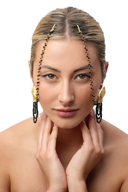 MAALICIOUS JEWELRY_Gold Plated Beads Swan Tassel Earrings _Online_at_Aza_Fashions