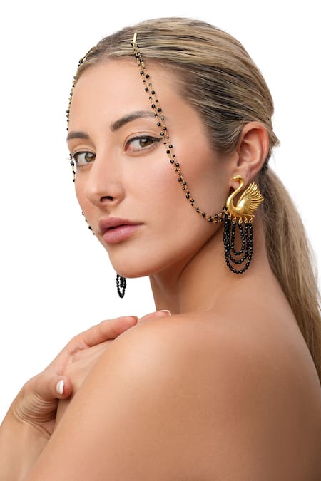 Shop_MAALICIOUS JEWELRY_Gold Plated Beads Swan Tassel Earrings _Online_at_Aza_Fashions