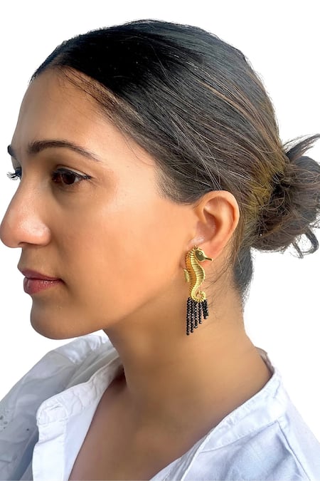 Buy MAALICIOUS JEWELRY Gold Plated Beads Seahorse Tassel Earrings Online at Aza Fashions Buy_MAALICIOUS JEWELRY_Gold Plated Beads Seahorse Tassel Earrings _Online_at_Aza_Fashions