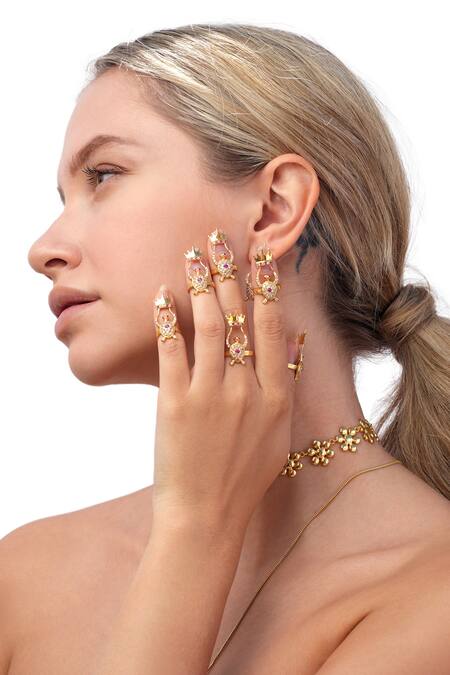 Shop_MAALICIOUS JEWELRY_Gold Plated Stones Turtle Crown Finger Ring-single Pc _Online_at_Aza_Fashions