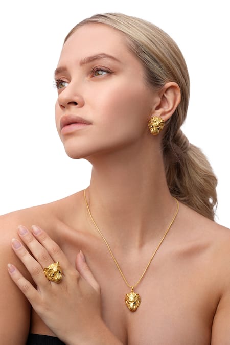 Shop_MAALICIOUS JEWELRY_Gold Plated Huli Tiger Shaped Studs _Online_at_Aza_Fashions