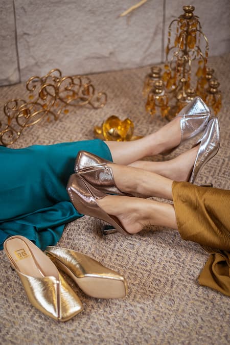 Shop_Elleganti_Gold Malkin Mule Calf Leather Heels _Online_at_Aza_Fashions