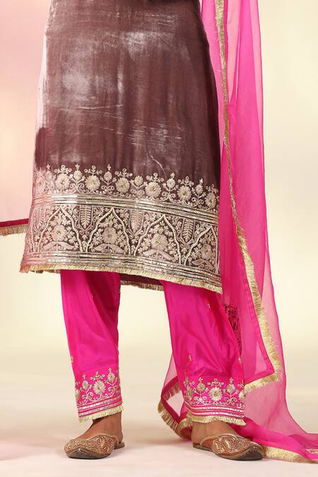 Shivani Sabharwal_Pink Silk, Velvet, Crepe, Organza Pearls, Sequins, Embroidered Kurta Salwar Set _Online_at_Aza_Fashions