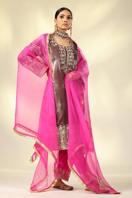 Shop_Shivani Sabharwal_Pink Silk, Velvet, Crepe, Organza Pearls, Sequins, Embroidered Kurta Salwar Set _Online_at_Aza_Fashions