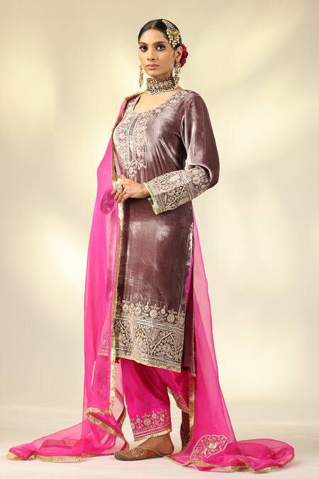 Shivani Sabharwal_Pink Silk, Velvet, Crepe, Organza Pearls, Sequins, Embroidered Kurta Salwar Set _at_Aza_Fashions