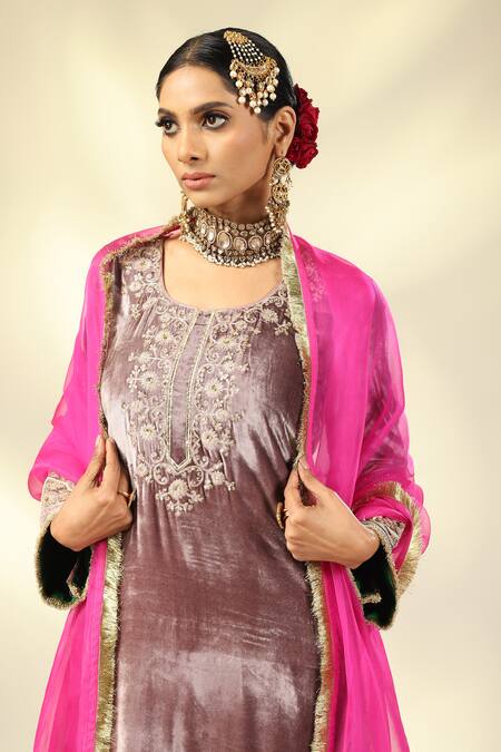 Buy_Shivani Sabharwal_Pink Silk, Velvet, Crepe, Organza Pearls, Sequins, Embroidered Kurta Salwar Set 