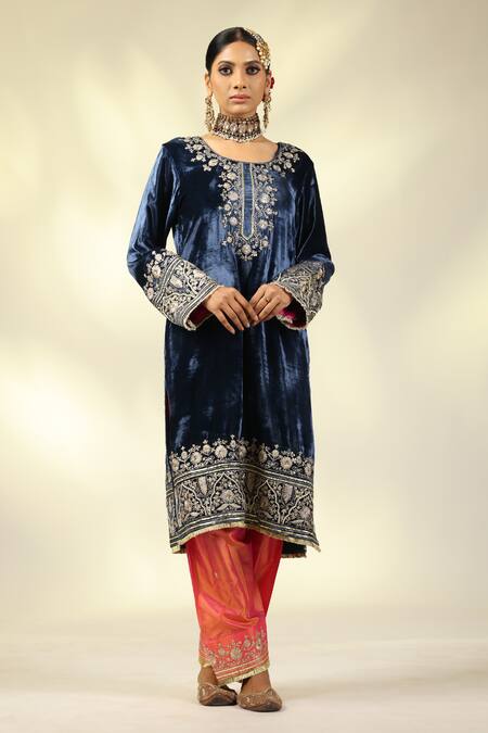 Buy_Shivani Sabharwal_Blue , Satin, Crepe, Organza Pearls, Embroidered Kurta Salwar Set _Online_at_Aza_Fashions