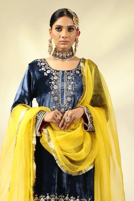 Shop_Shivani Sabharwal_Blue , Satin, Crepe, Organza Pearls, Embroidered Kurta Salwar Set _Online_at_Aza_Fashions