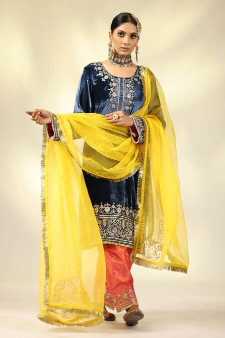 Shivani Sabharwal_Blue , Satin, Crepe, Organza Pearls, Embroidered Kurta Salwar Set _at_Aza_Fashions