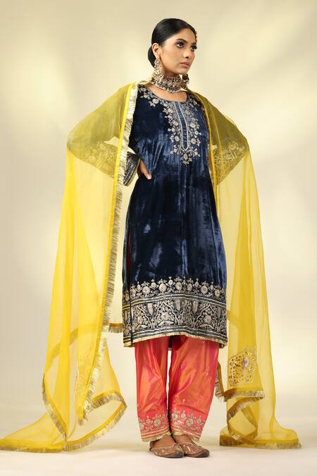 Buy_Shivani Sabharwal_Blue , Satin, Crepe, Organza Pearls, Embroidered Kurta Salwar Set 