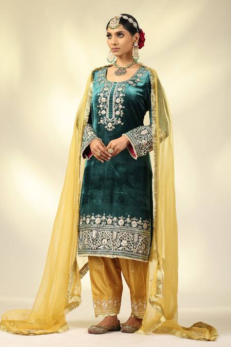 Buy_Shivani Sabharwal_Emerald Green , Satin, Crepe, Organza Embroidered Kurta Salwar Set _Online_at_Aza_Fashions