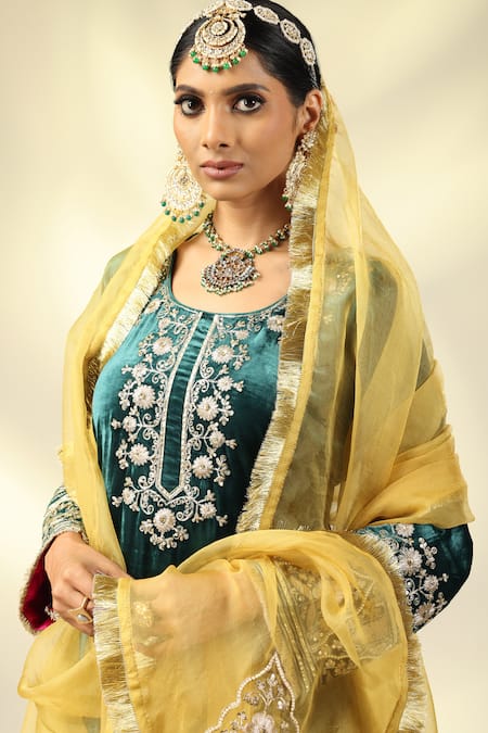 Shivani Sabharwal_Emerald Green , Satin, Crepe, Organza Embroidered Kurta Salwar Set _at_Aza_Fashions