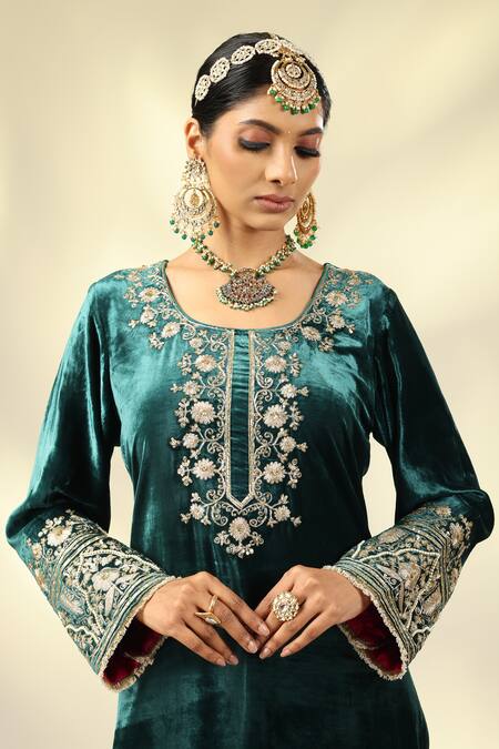 Buy_Shivani Sabharwal_Emerald Green , Satin, Crepe, Organza Embroidered Kurta Salwar Set 