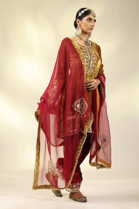 Shop_Shivani Sabharwal_Gold , , Crepe, Pearls, Embroidered Kurta Salwar Set _Online_at_Aza_Fashions