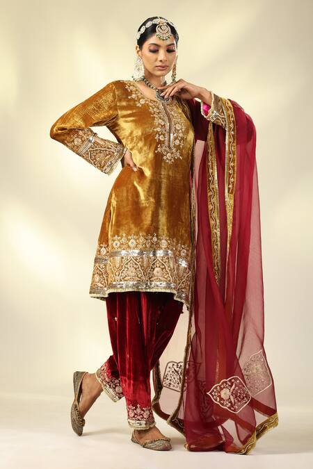 Shivani Sabharwal_Gold , , Crepe, Pearls, Embroidered Kurta Salwar Set _at_Aza_Fashions