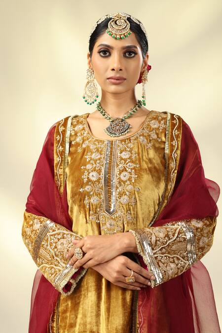 Buy_Shivani Sabharwal_Gold , , Crepe, Pearls, Embroidered Kurta Salwar Set 