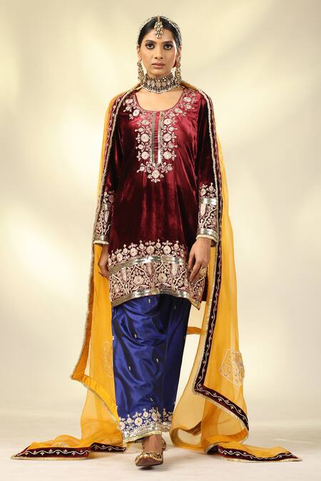 Shivani Sabharwal_Maroon Silk, Velvet, Crepe, Organza Pearls, Embroidered Kurta Salwar Set _Online_at_Aza_Fashions