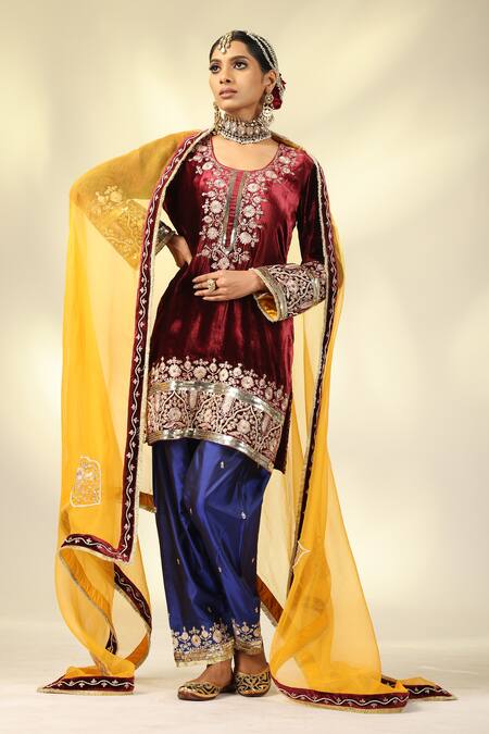 Buy_Shivani Sabharwal_Maroon Silk, Velvet, Crepe, Organza Pearls, Embroidered Kurta Salwar Set _Online_at_Aza_Fashions