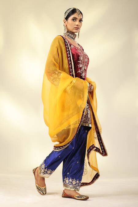 Shop_Shivani Sabharwal_Maroon Silk, Velvet, Crepe, Organza Pearls, Embroidered Kurta Salwar Set _Online_at_Aza_Fashions