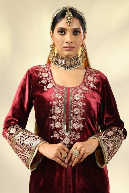 Shivani Sabharwal_Maroon Silk, Velvet, Crepe, Organza Pearls, Embroidered Kurta Salwar Set _at_Aza_Fashions