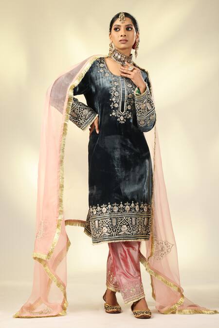 Buy_Shivani Sabharwal_Black , Satin, Crepe, Organza Pearls, Embroidered Kurta Salwar Set _Online_at_Aza_Fashions