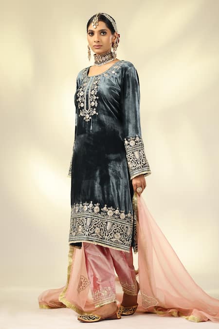 Shop_Shivani Sabharwal_Black , Satin, Crepe, Organza Pearls, Embroidered Kurta Salwar Set _Online_at_Aza_Fashions