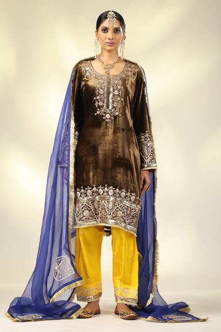 Shivani Sabharwal_Brown Silk, Organza, Crepe Pearls, Sequins, Thread Embroidered Kurta Salwar Set _Online_at_Aza_Fashions