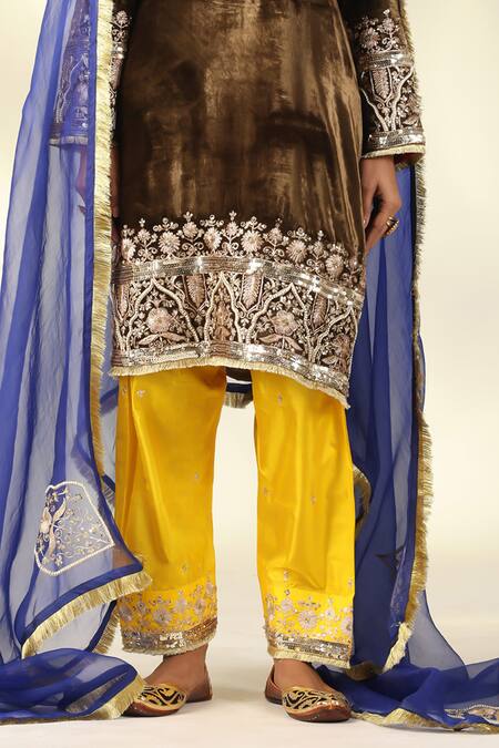 Buy_Shivani Sabharwal_Brown Silk, Organza, Crepe Pearls, Sequins, Thread Embroidered Kurta Salwar Set _Online_at_Aza_Fashions