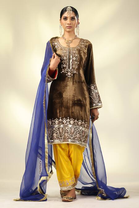 Shop_Shivani Sabharwal_Brown Silk, Organza, Crepe Pearls, Sequins, Thread Embroidered Kurta Salwar Set _Online_at_Aza_Fashions