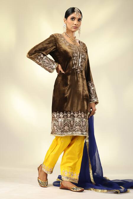 Shivani Sabharwal_Brown Silk, Organza, Crepe Pearls, Sequins, Thread Embroidered Kurta Salwar Set _at_Aza_Fashions