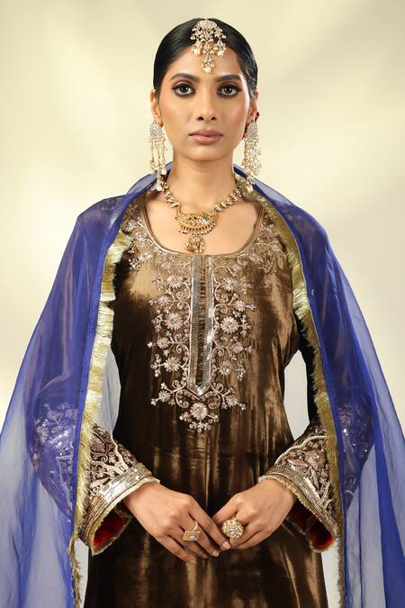 Buy_Shivani Sabharwal_Brown Silk, Organza, Crepe Pearls, Sequins, Thread Embroidered Kurta Salwar Set 