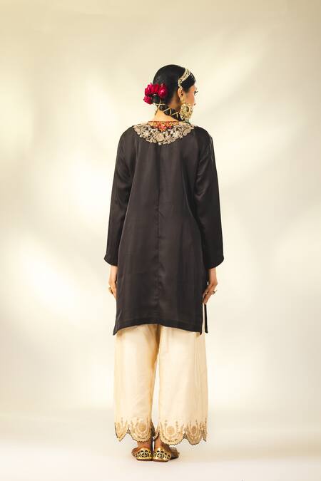 Shivani Sabharwal_Black Silk, Crepe, Net Embroidery, Sequins, Dori Short Kurta Flared Pant Set _Online_at_Aza_Fashions
