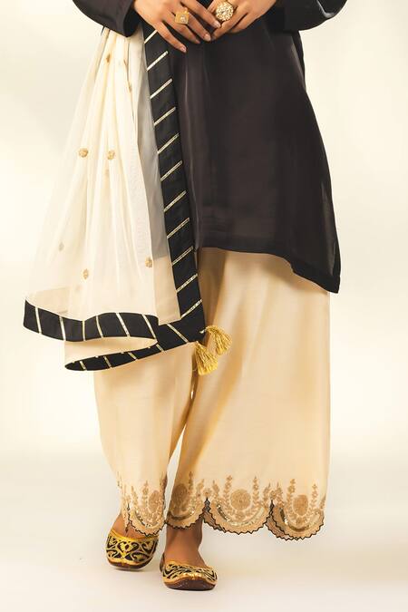 Buy_Shivani Sabharwal_Black Silk, Crepe, Net Embroidery, Sequins, Dori Short Kurta Flared Pant Set _Online_at_Aza_Fashions