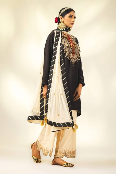 Shop_Shivani Sabharwal_Black Silk, Crepe, Net Embroidery, Sequins, Dori Short Kurta Flared Pant Set _Online_at_Aza_Fashions