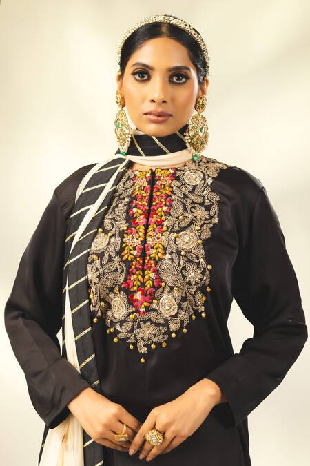 Shivani Sabharwal_Black Silk, Crepe, Net Embroidery, Sequins, Dori Short Kurta Flared Pant Set _at_Aza_Fashions
