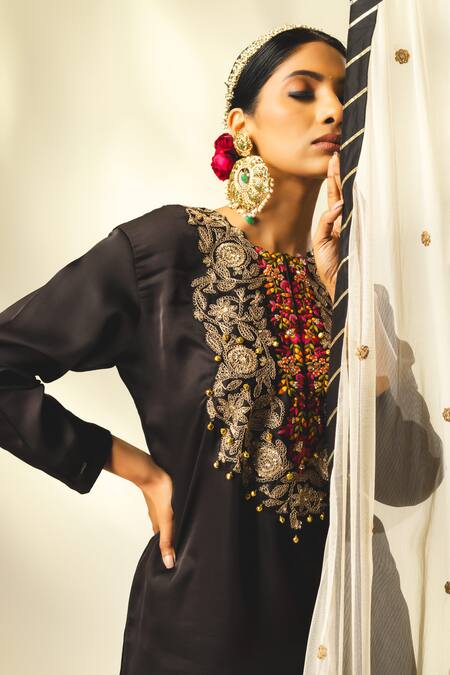 Buy_Shivani Sabharwal_Black Silk, Crepe, Net Embroidery, Sequins, Dori Short Kurta Flared Pant Set 