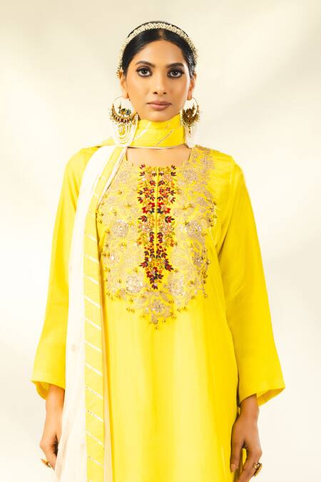 Buy_Shivani Sabharwal_Yellow Crepe, Silk, Net Sequins, Embroidery, Dori Short Kurta Flared Pant Set _Online_at_Aza_Fashions